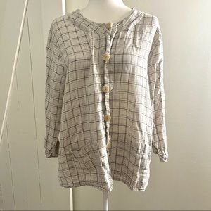 FLAX Linen Windowpane Plaid Button Front Lagenlook Top